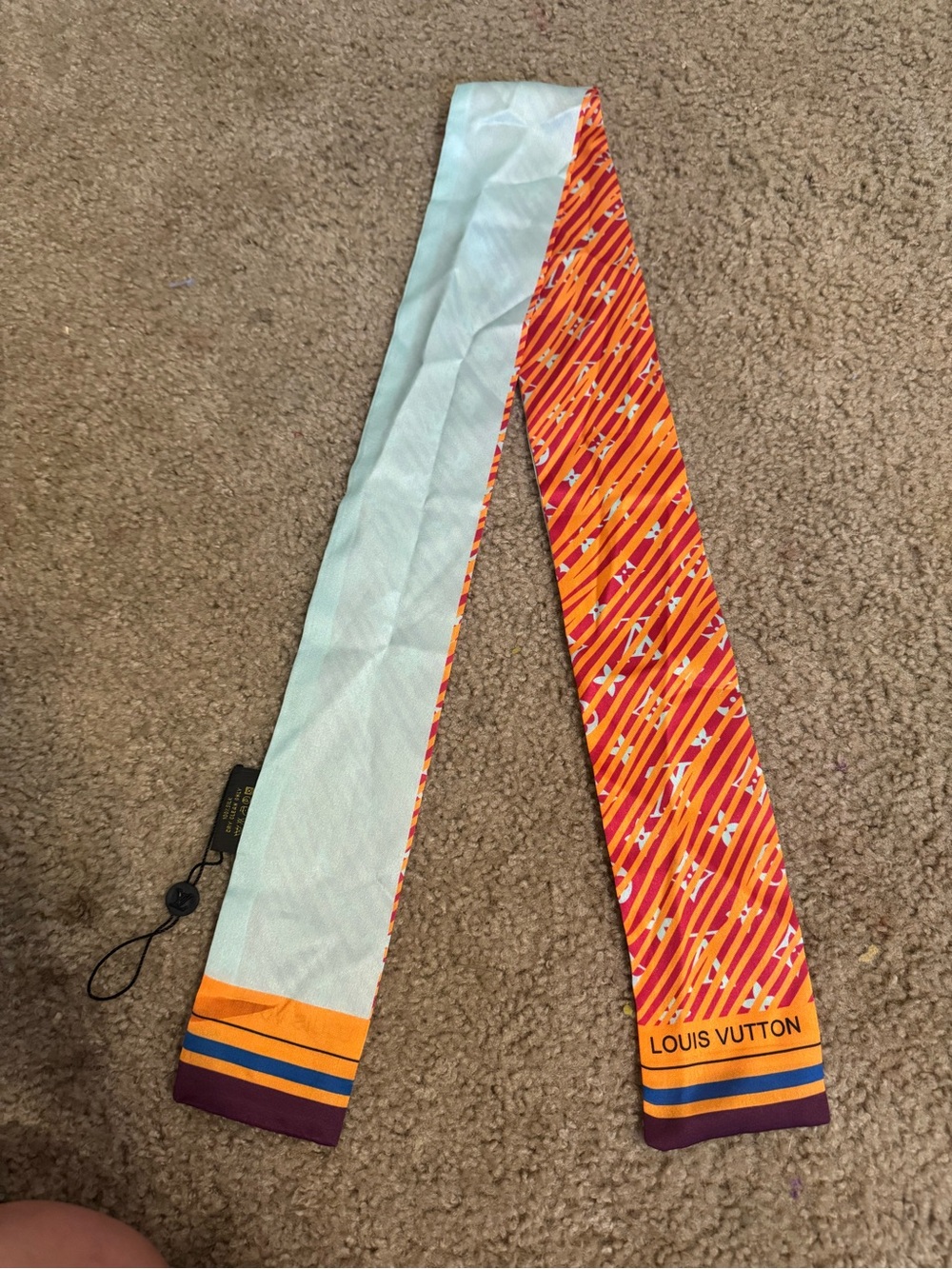 Louis Vuitton Orange & Light Blue Silk Twilly with Stripe Logo